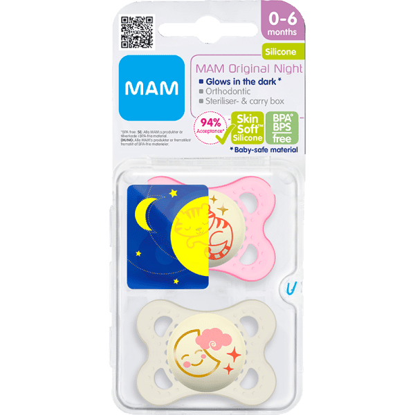 MAM Sut Original Night 0-6M Silicone Pink (2 stk)