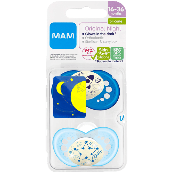 MAM Sut Original Night 16-36M Silicone Blue (2 stk)