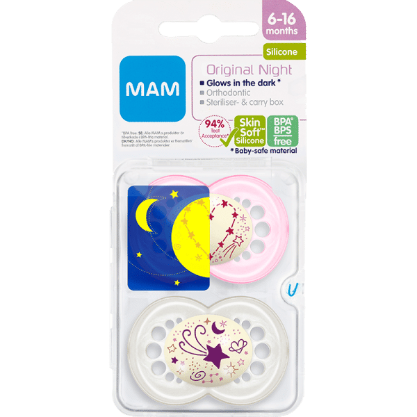 MAM Sut Original Night Silicone 6-16M Pink (2 stk)