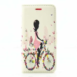 iPhone 7 – Rhinsten Flip Pung PU Læder Etui – Sommerfugle Pige På Cykel