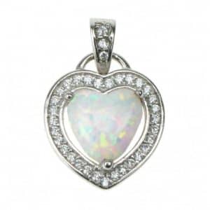 Hjerte – Sølv smykke halskæde vedhæng med hvid sne opal sten, 925 Sterling sølv, zirkonia & rhodium belægning