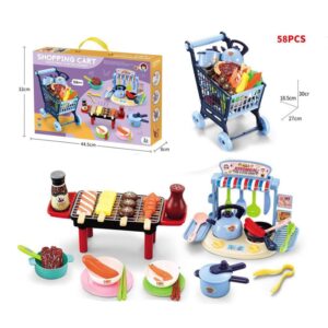 Indkøbsvogn, minikøkken og grill – Blå eller lyserød – 58 sjove dele – – Blå