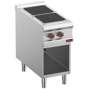 Komfur med 2 elektriske firkantede kogeplader, åbent skab