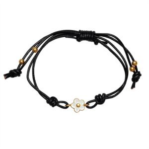 Læderarmbånd med forgyldt og hvid Blomst i Sølv